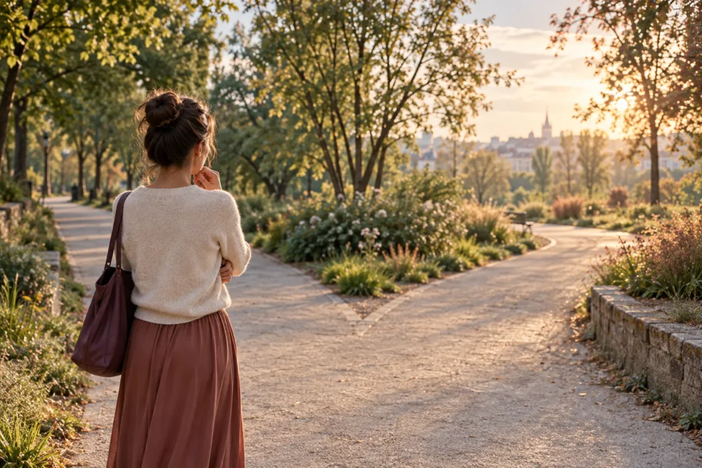 Une femme choisit entre deux chemins dans un parc